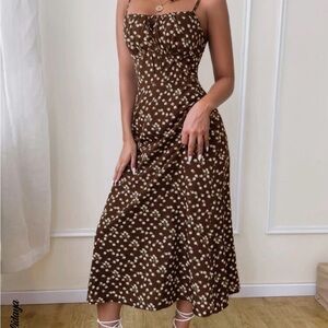 Brown front tie cami dress with yellow and white daisies